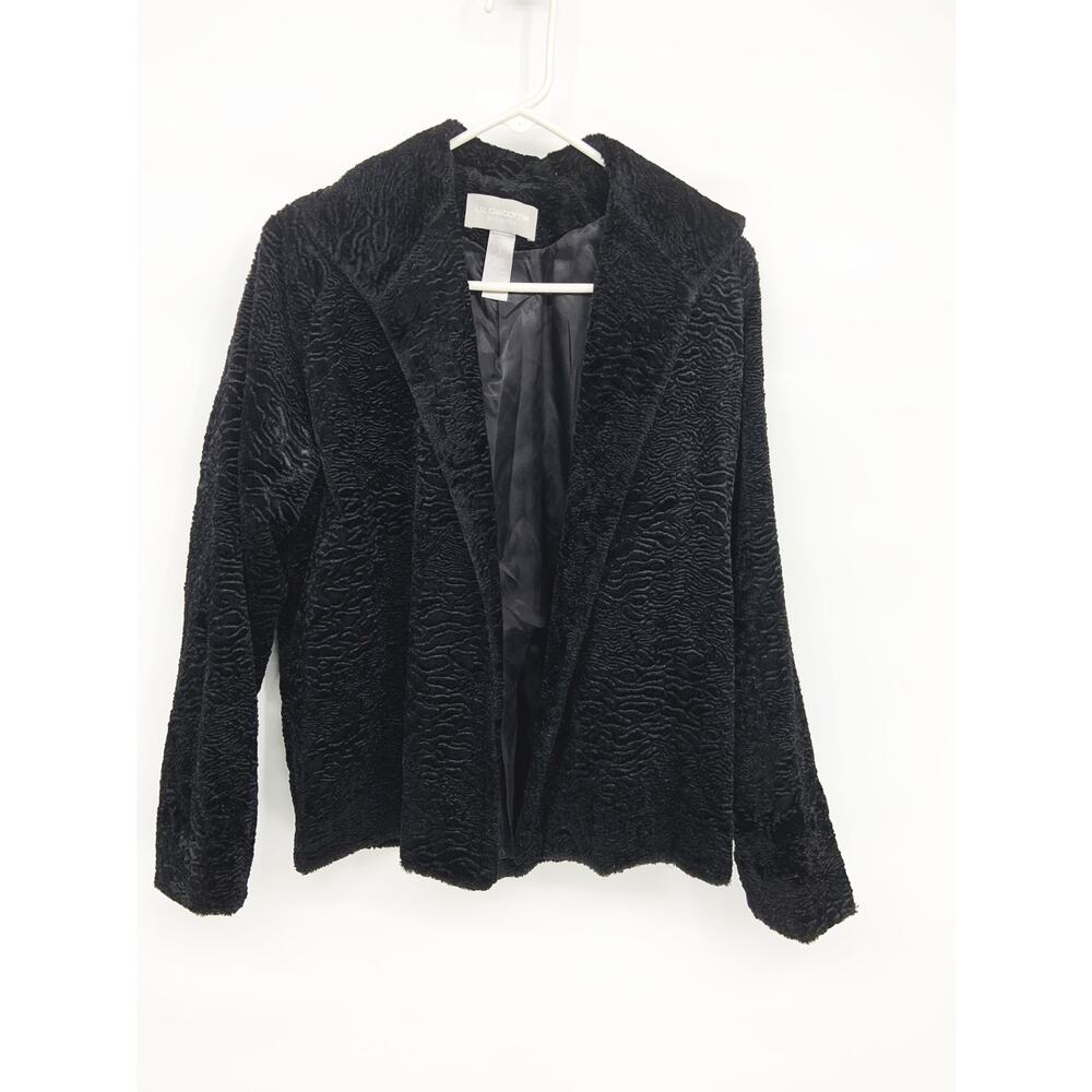 Liz Claiborne Faux Fur Jacket Black Open Front Long Sleeve Size 4